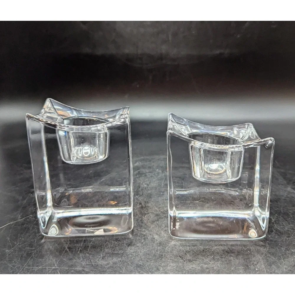 Set of 2 Orrefors Crystal Polaris Clear Votive Candle Holders Square Ice‎